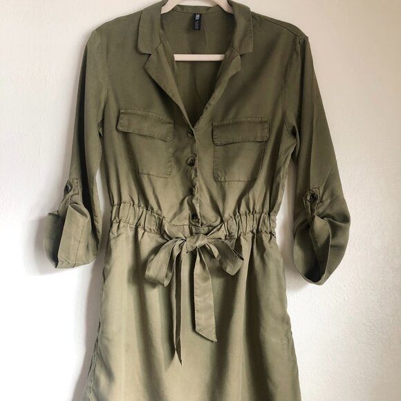 ZARA Olive Green Belted Button Shirt Mini Dress S - Picture 2 of 11